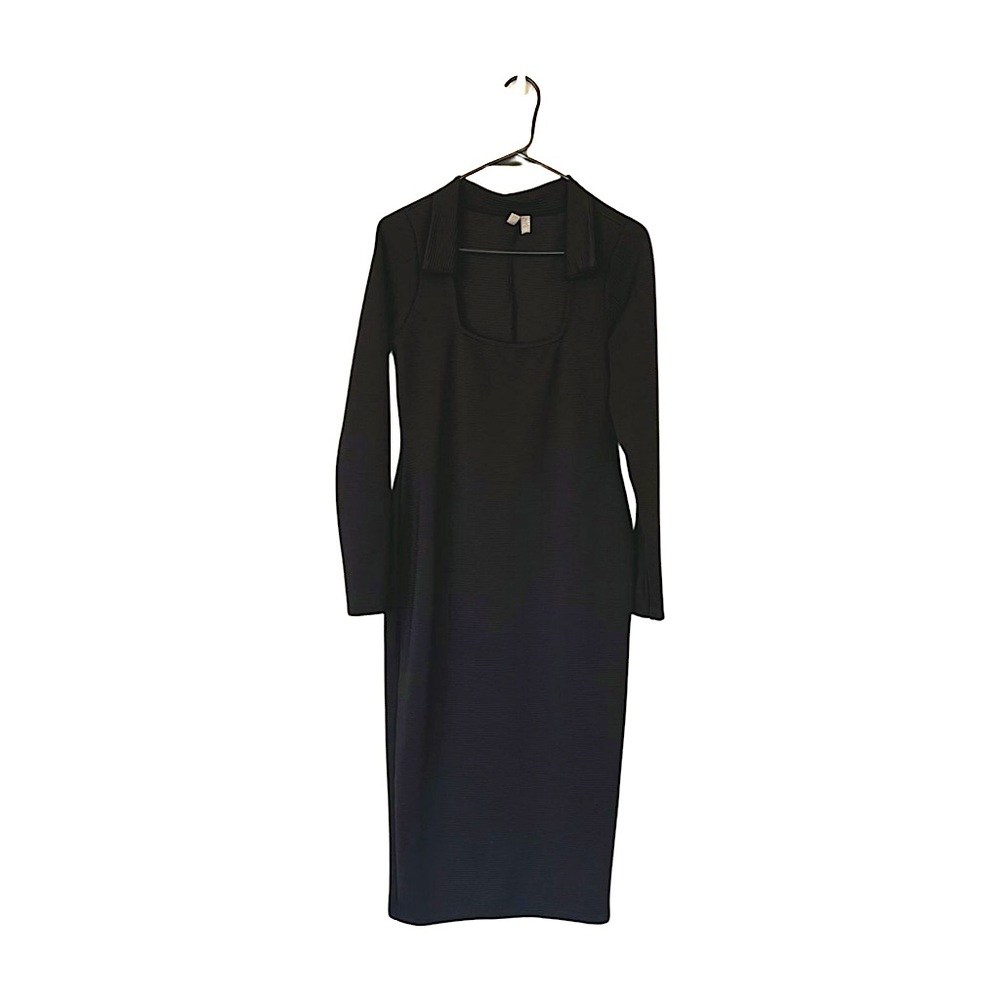 ASOS Black Midi Sheath Dress Long Sleeves with Collar Detail